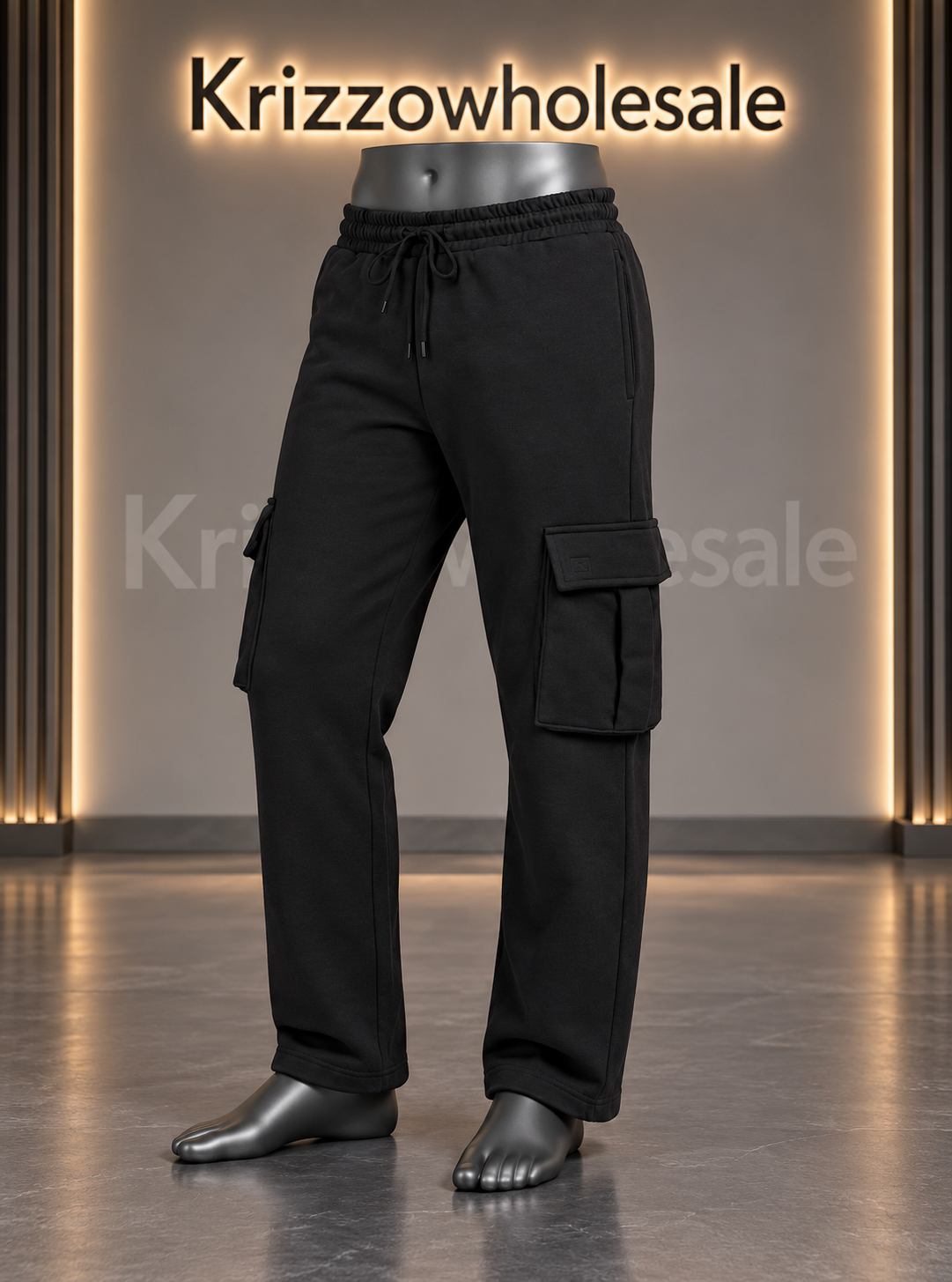 Krizzowholesale Men's Cargo Sweatpants item-focused mannequin in branded studio