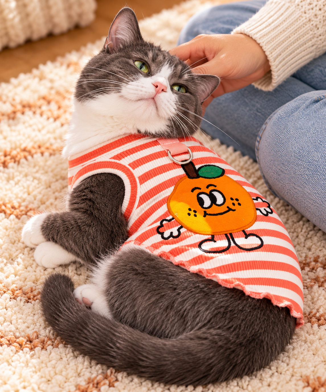 Red Apple Tank+Hat modeled by a cat, view 2