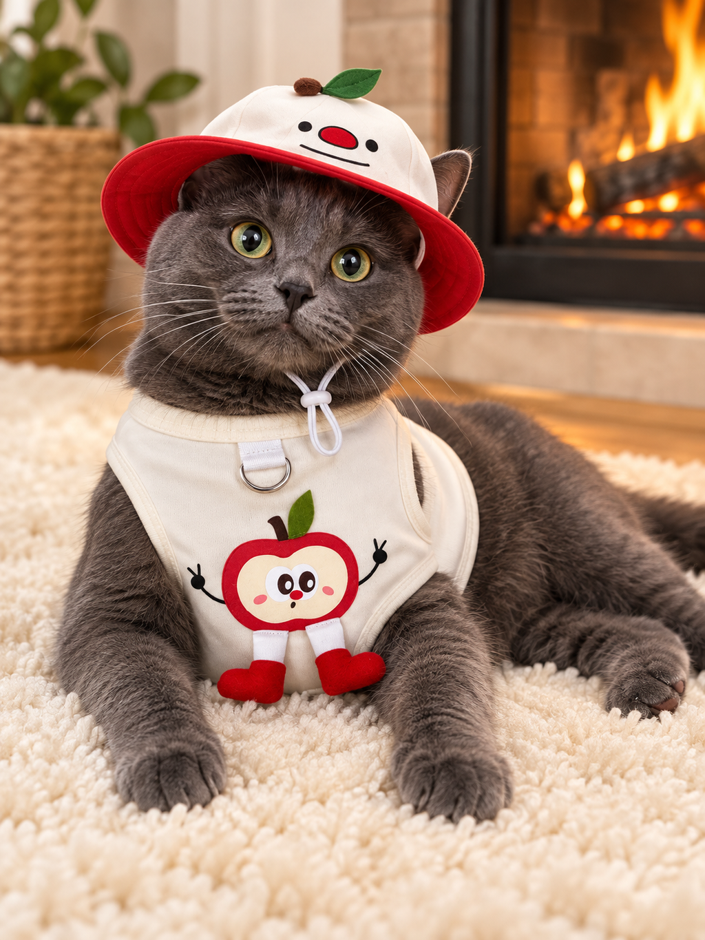 Red Apple Tank+Hat modeled by a cat, view 3