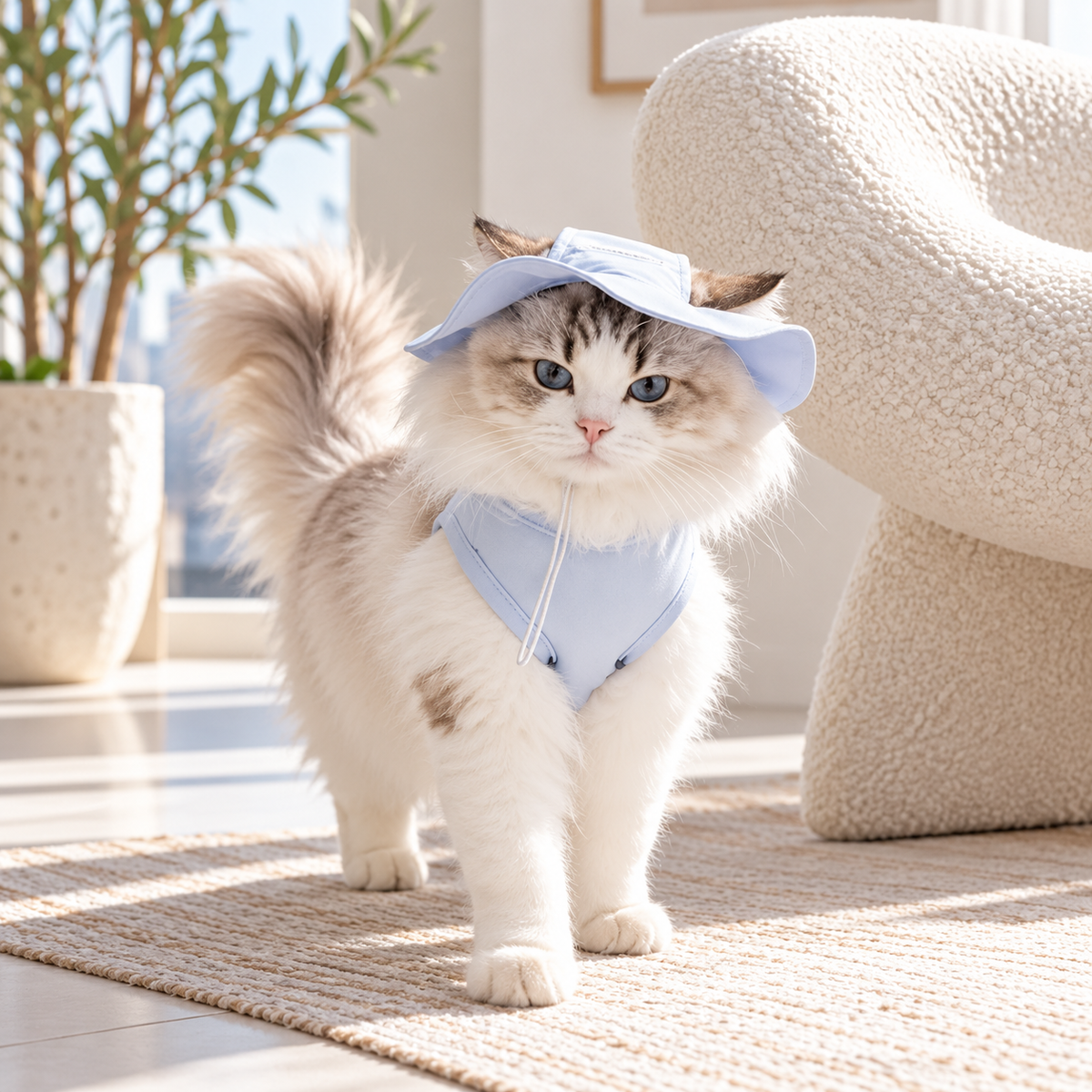 Blue Tank+Hat modeled by a cat, view 1