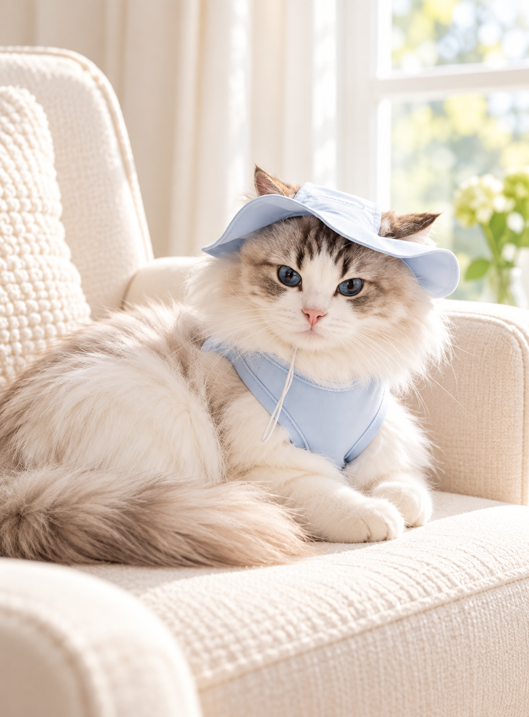 Blue Tank+Hat modeled by a cat, view 2