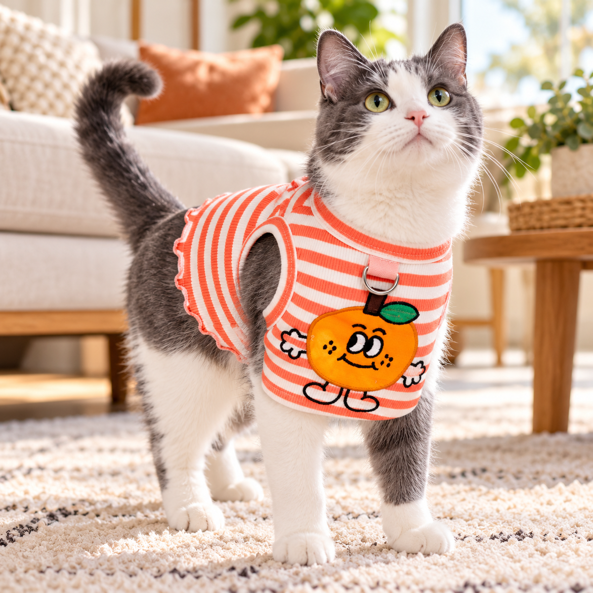 Burnt Coral Striped modeled by a cat, view 1