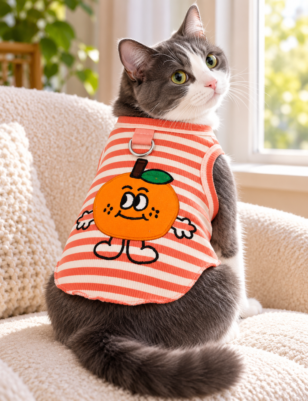 Burnt Coral Striped modeled by a cat, view 3