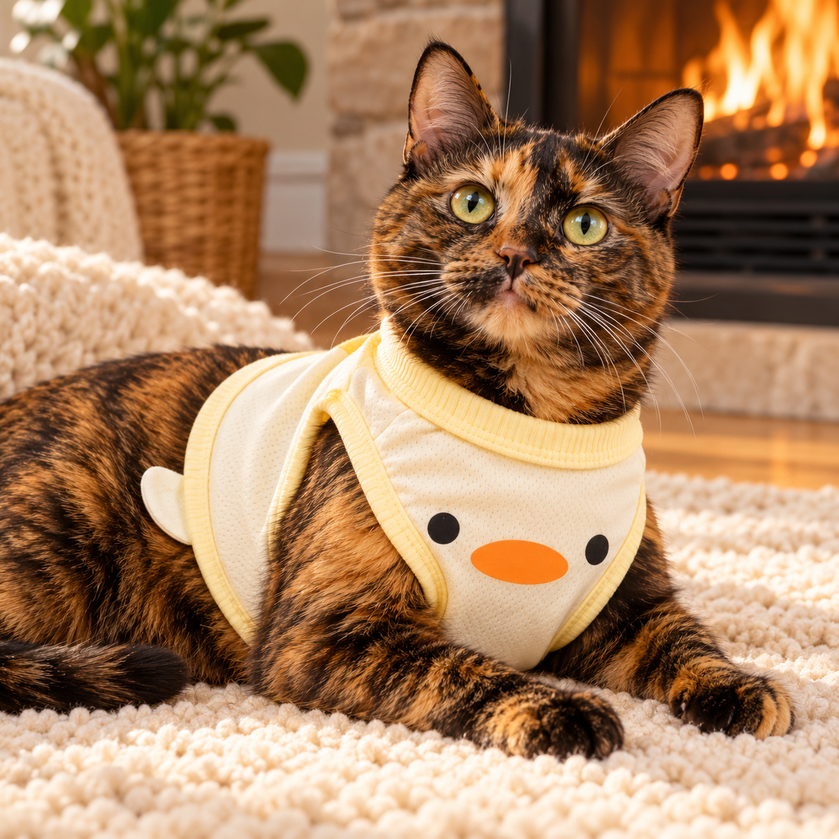 Yellow Duck modeled by a cat, view 1