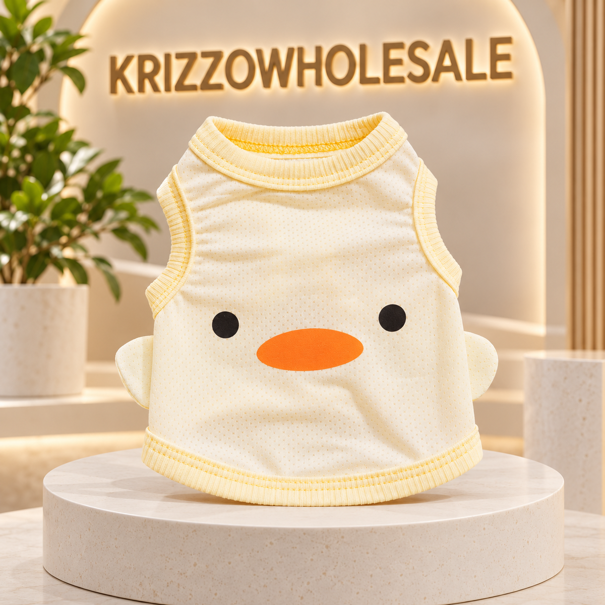 Yellow Duck apparel displayed alone in Krizzowholesale pet store