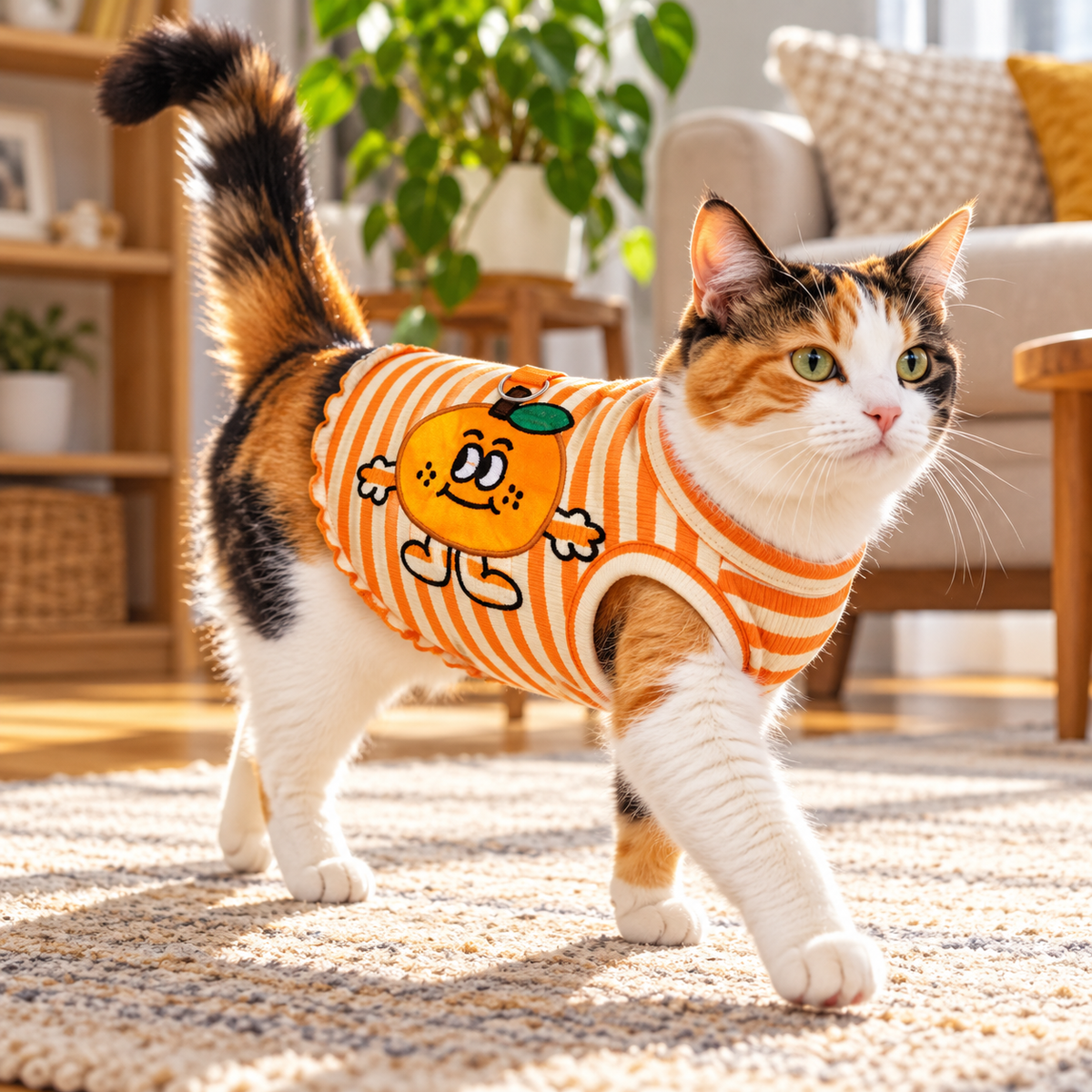 Orange Striped modeled by a cat, view 1