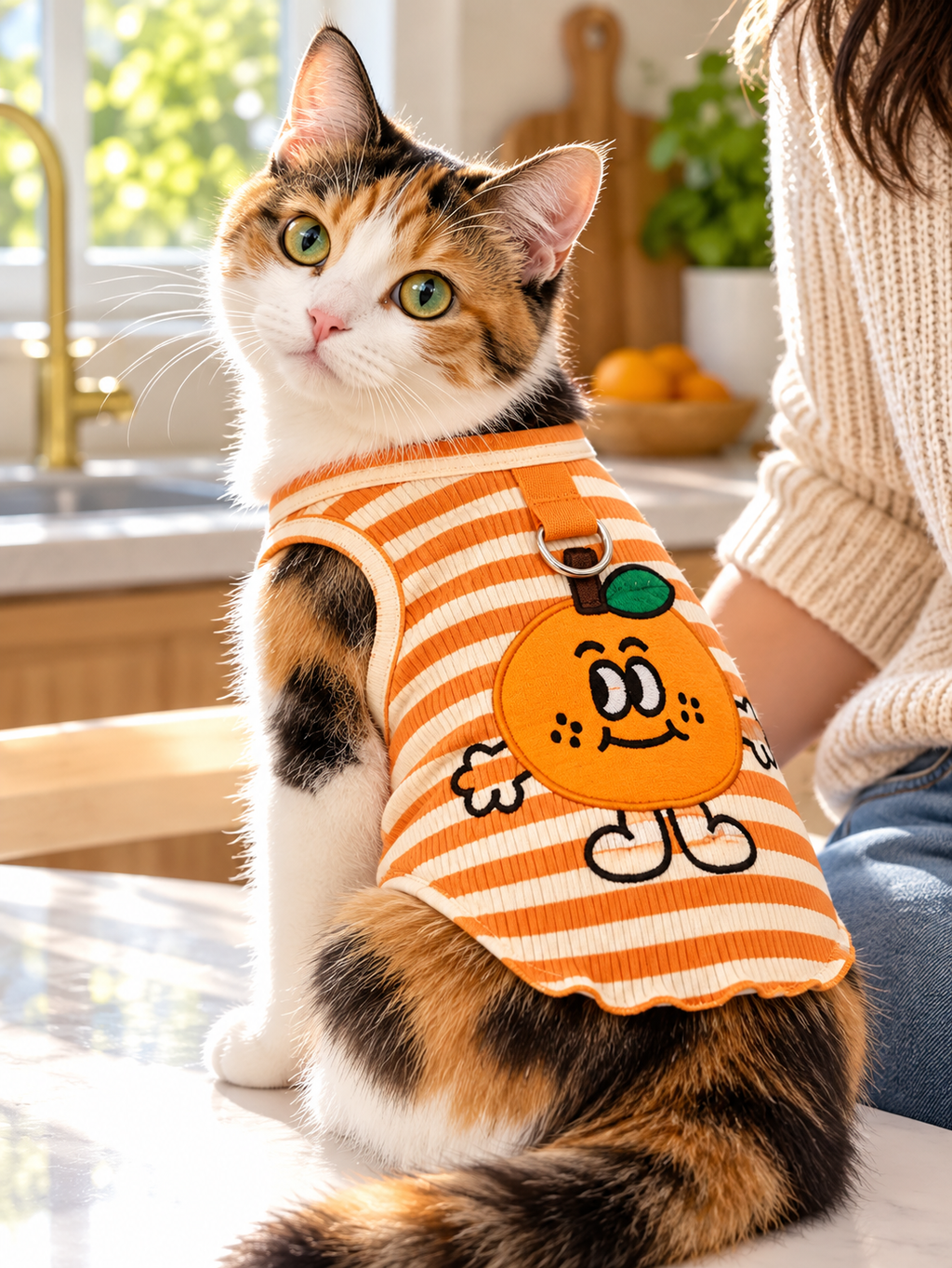 Orange Striped modeled by a cat, view 2