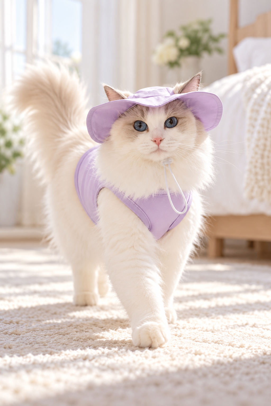 Purple Tank+Hat modeled by a cat, view 2