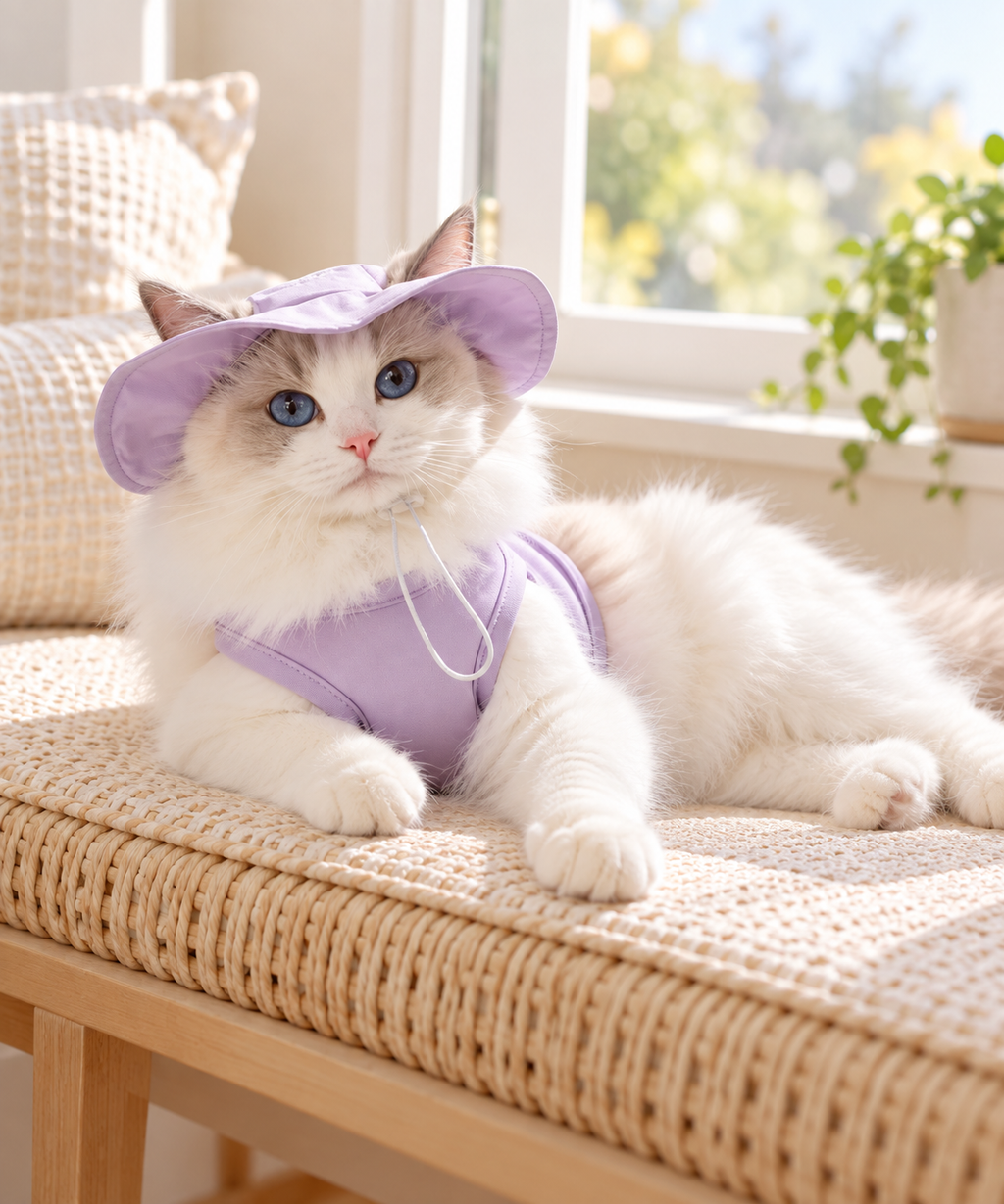 Purple Tank+Hat modeled by a cat, view 3