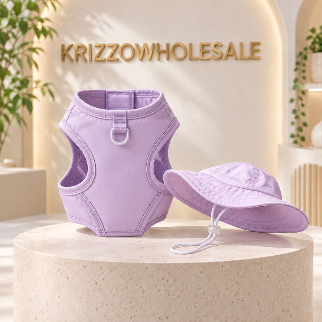 Purple Tank+Hat apparel displayed alone in Krizzowholesale pet store