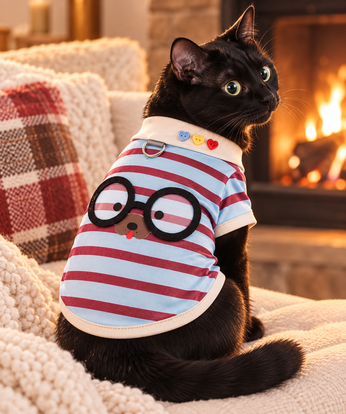 Yellow Striped modeled by a cat, view 2