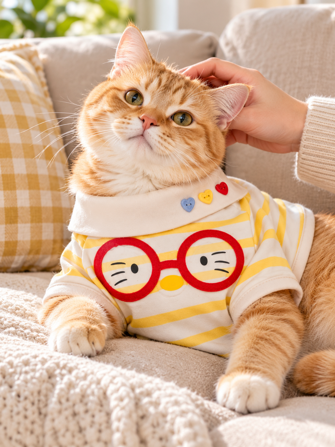 Yellow Striped modeled by a cat, view 3