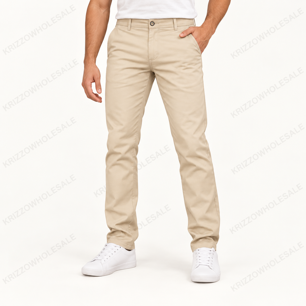 Krizzowholesale men's chino pants in Khaki worn by model