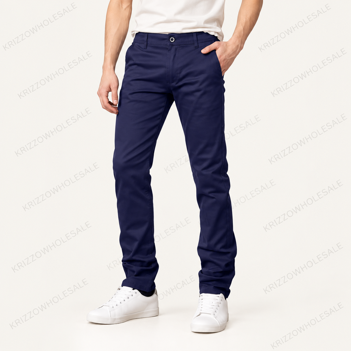 Krizzowholesale men's chino pants in Navy worn by model