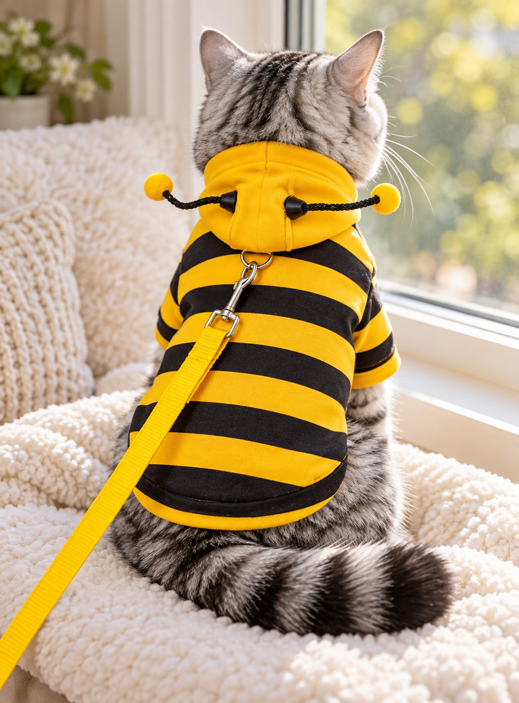 Yellow Bee modeled by cat, view 2