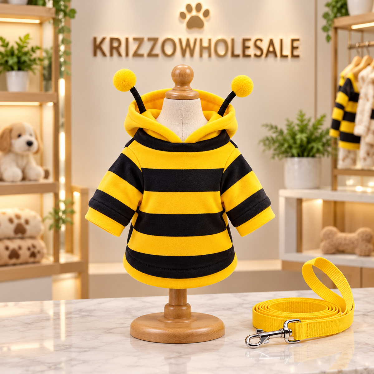 Yellow Bee hoodie displayed alone in Krizzowholesale pet boutique