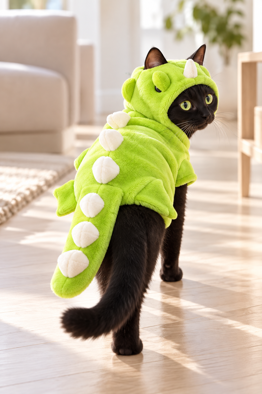 Green Dinosaur modeled by cat, view 1
