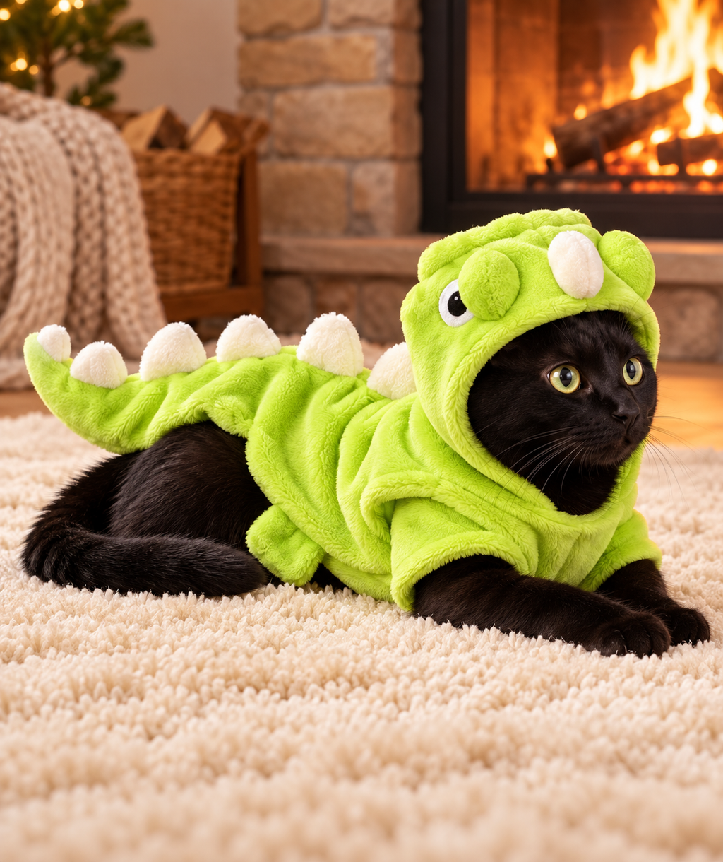 Green Dinosaur modeled by cat, view 2