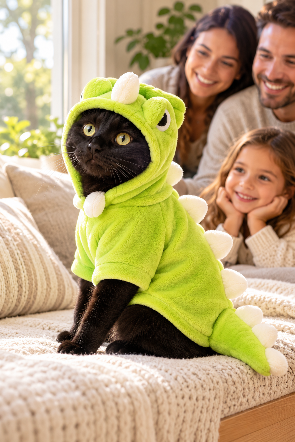 Green Dinosaur modeled by cat, view 3