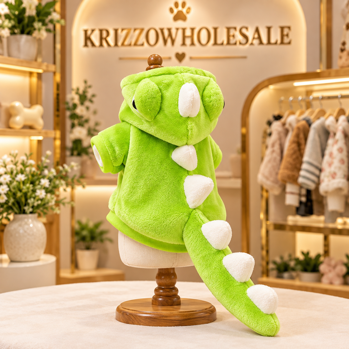 Green Dinosaur hoodie displayed alone in Krizzowholesale pet boutique