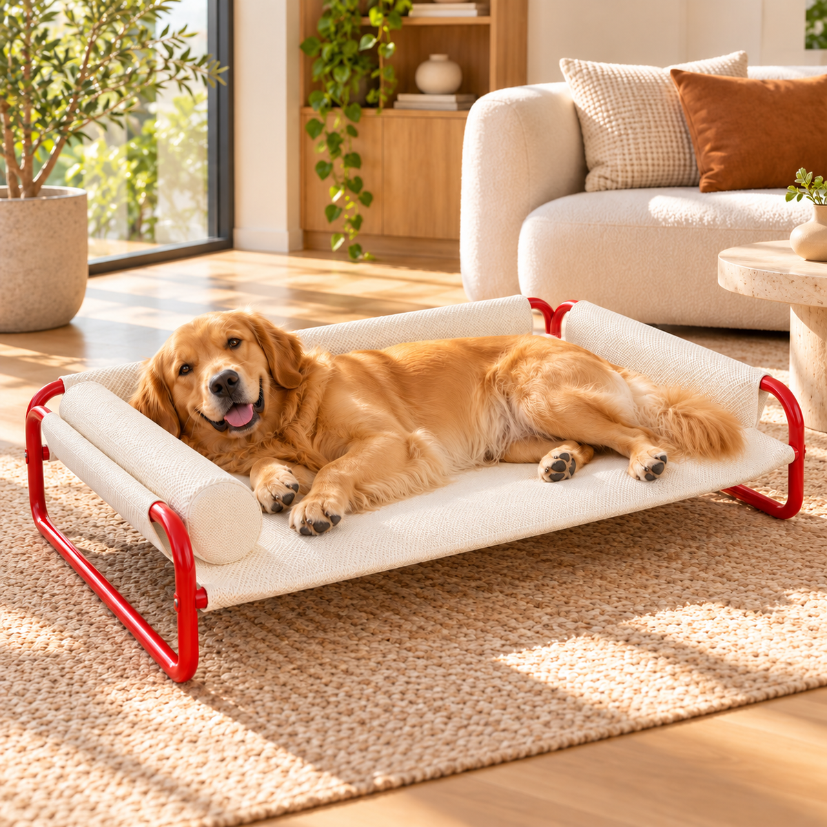 Golden retriever resting on raised pet cot