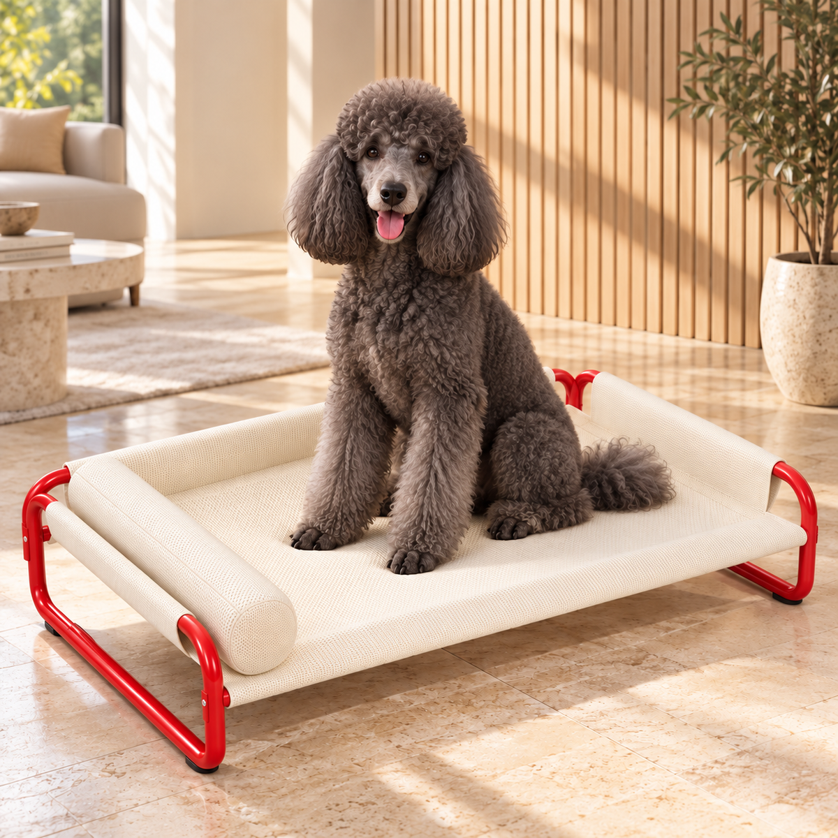 Poodle seated on raised pet cot