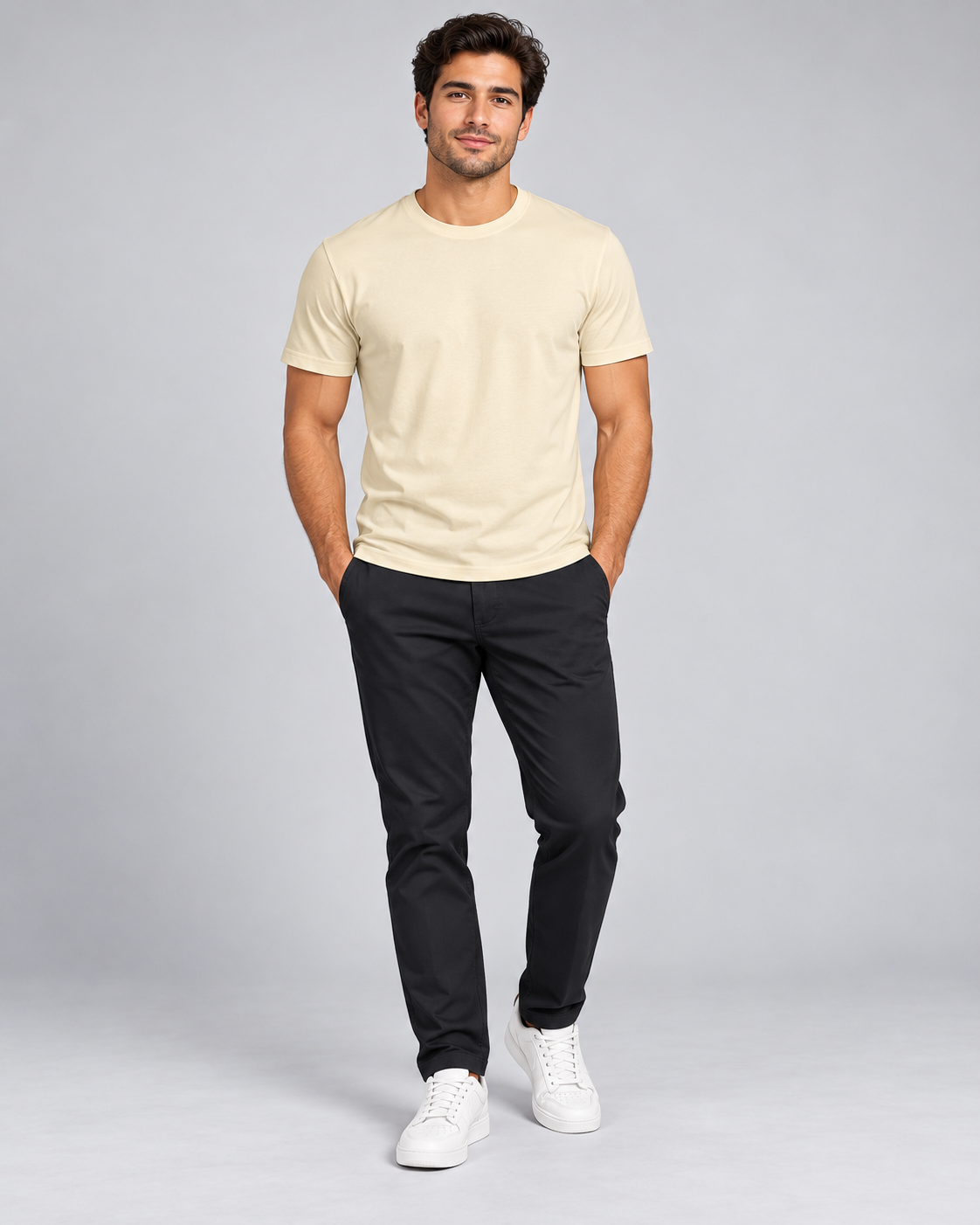 Cream regular crew-neck T-shirt worn by model