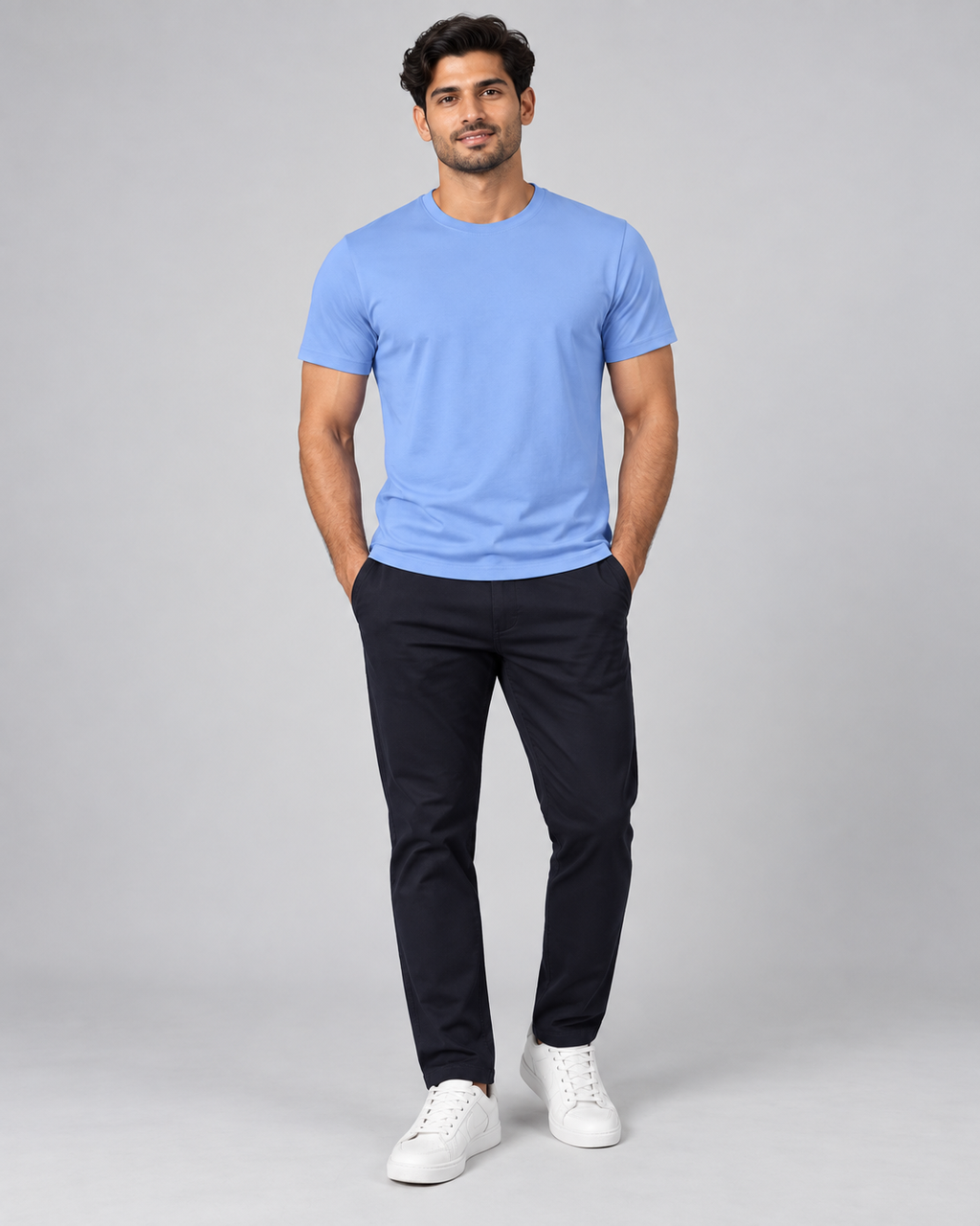 Light blue regular crew-neck T-shirt worn by model