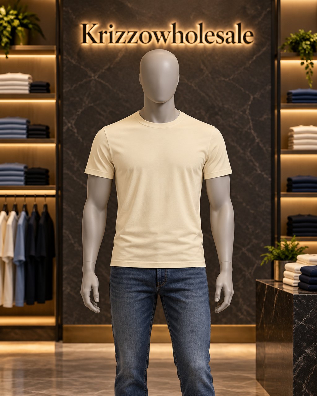Cream regular crew-neck T-shirt on male mannequin in Krizzowholesale showroom