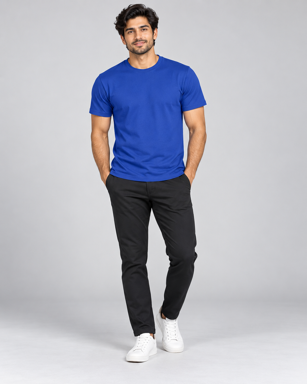 Royal blue regular crew-neck T-shirt worn by model