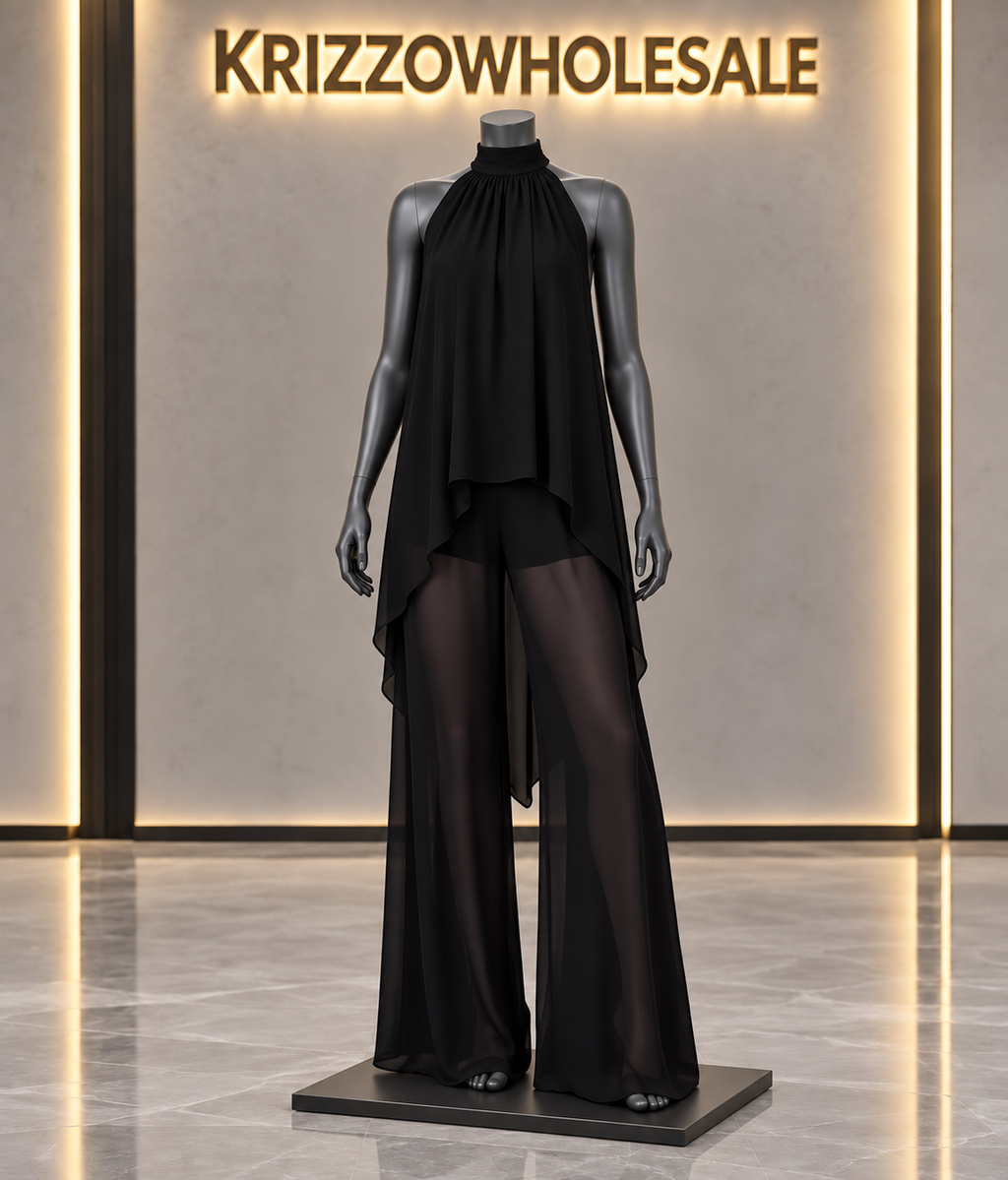 Black flowing halter top and wide-leg pant set, mannequin in Krizzowholesale showroom