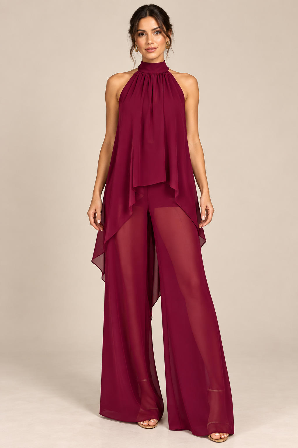 Burgundy flowing halter top and wide-leg pant set, model front view