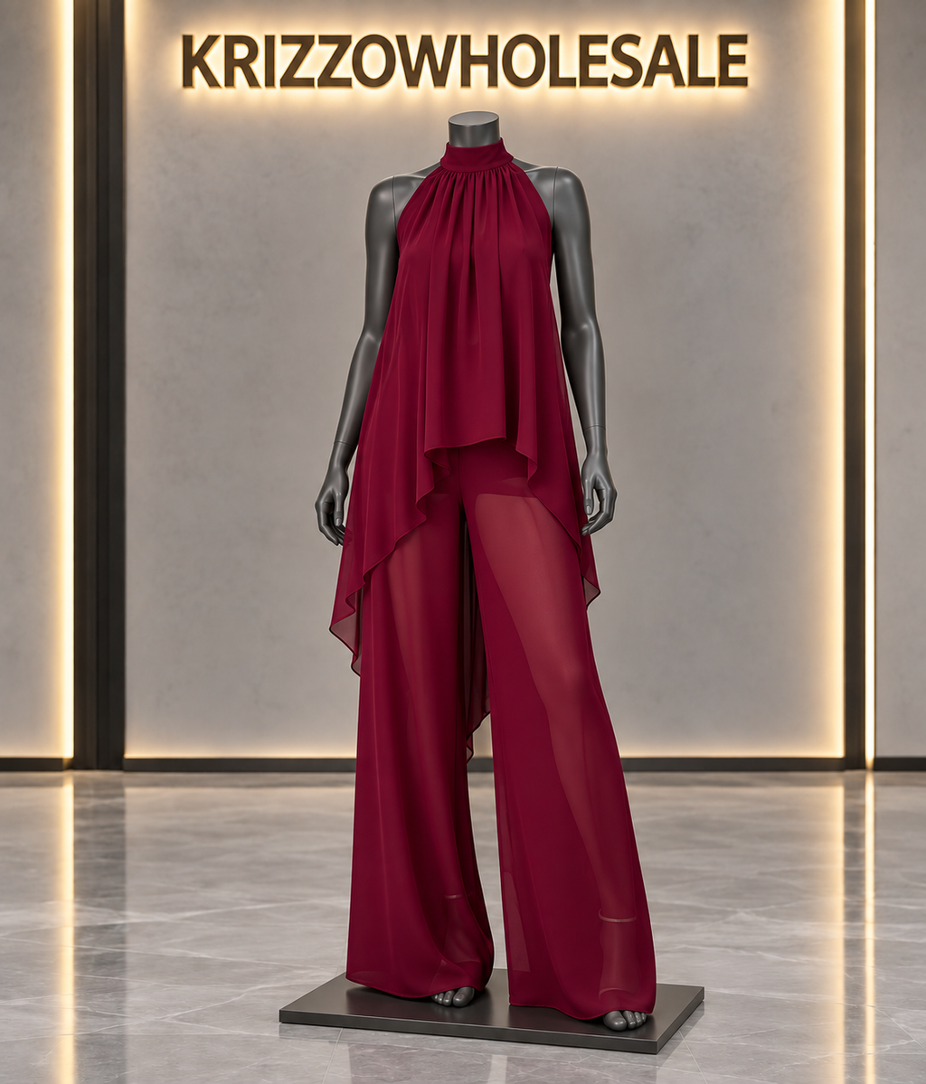 Burgundy flowing halter top and wide-leg pant set, mannequin in Krizzowholesale showroom