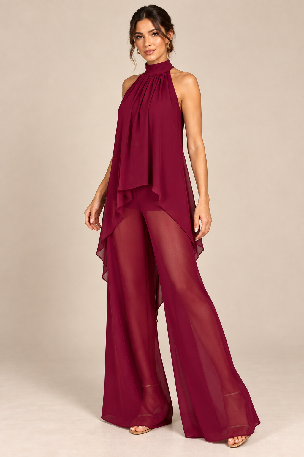 Burgundy flowing halter top and wide-leg pant set, same model alternate pose
