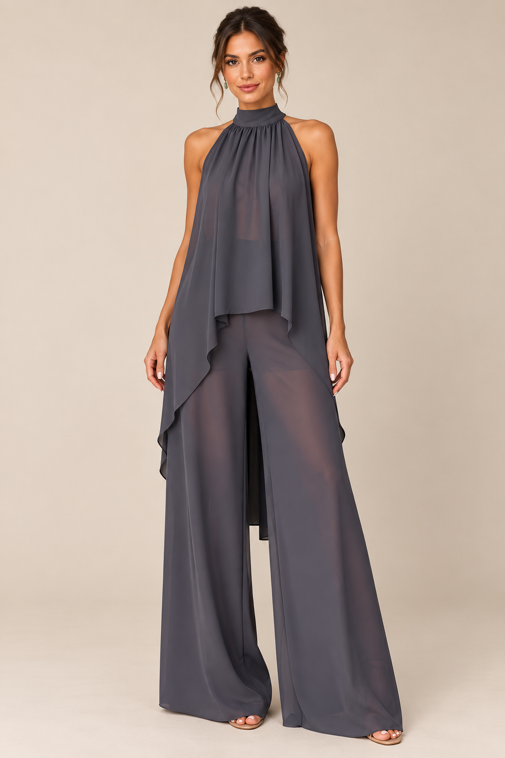 Charcoal flowing halter top and wide-leg pant set, model front view
