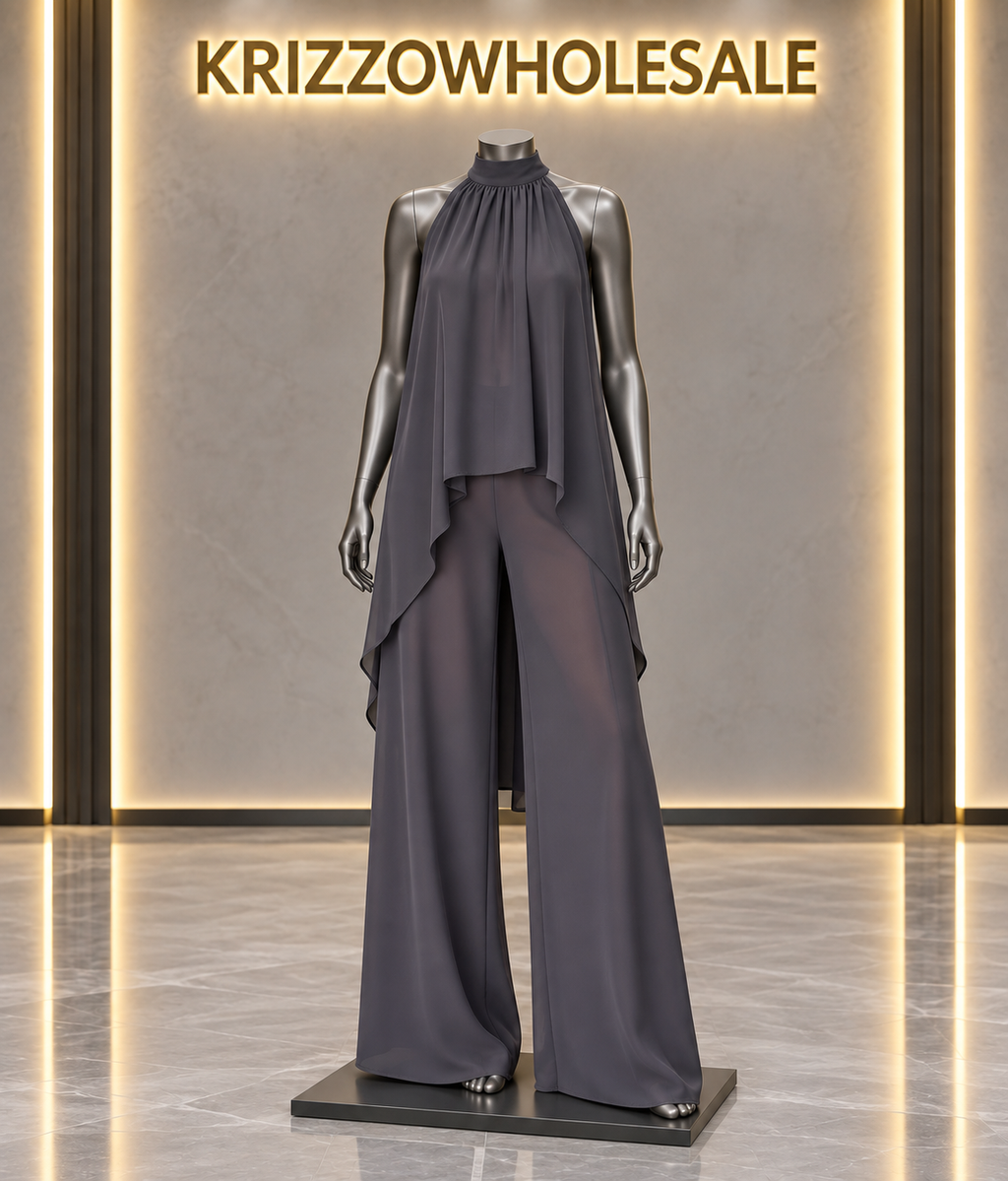 Charcoal flowing halter top and wide-leg pant set, mannequin in Krizzowholesale showroom