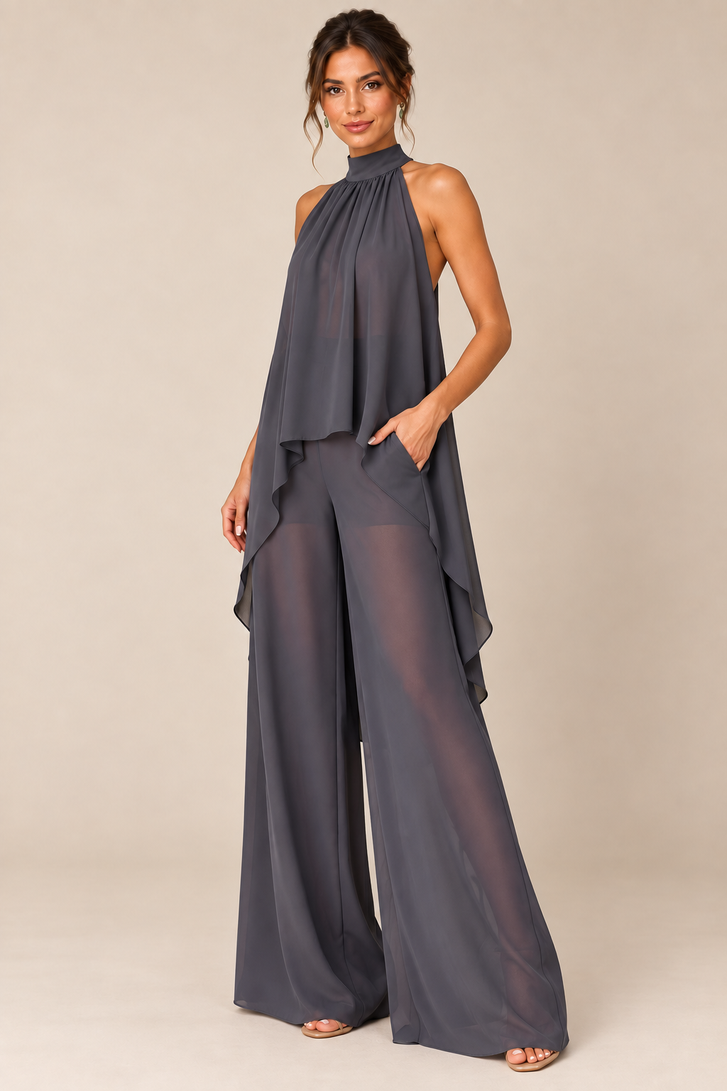 Charcoal flowing halter top and wide-leg pant set, same model alternate pose