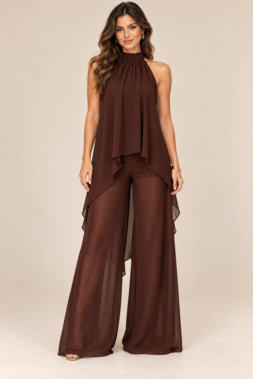 Chocolate flowing halter top and wide-leg pant set, model front view