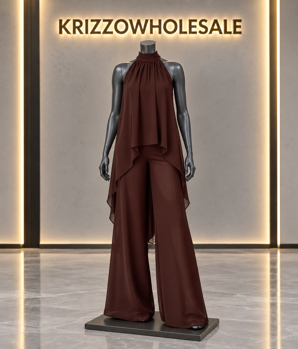 Chocolate flowing halter top and wide-leg pant set, mannequin in Krizzowholesale showroom