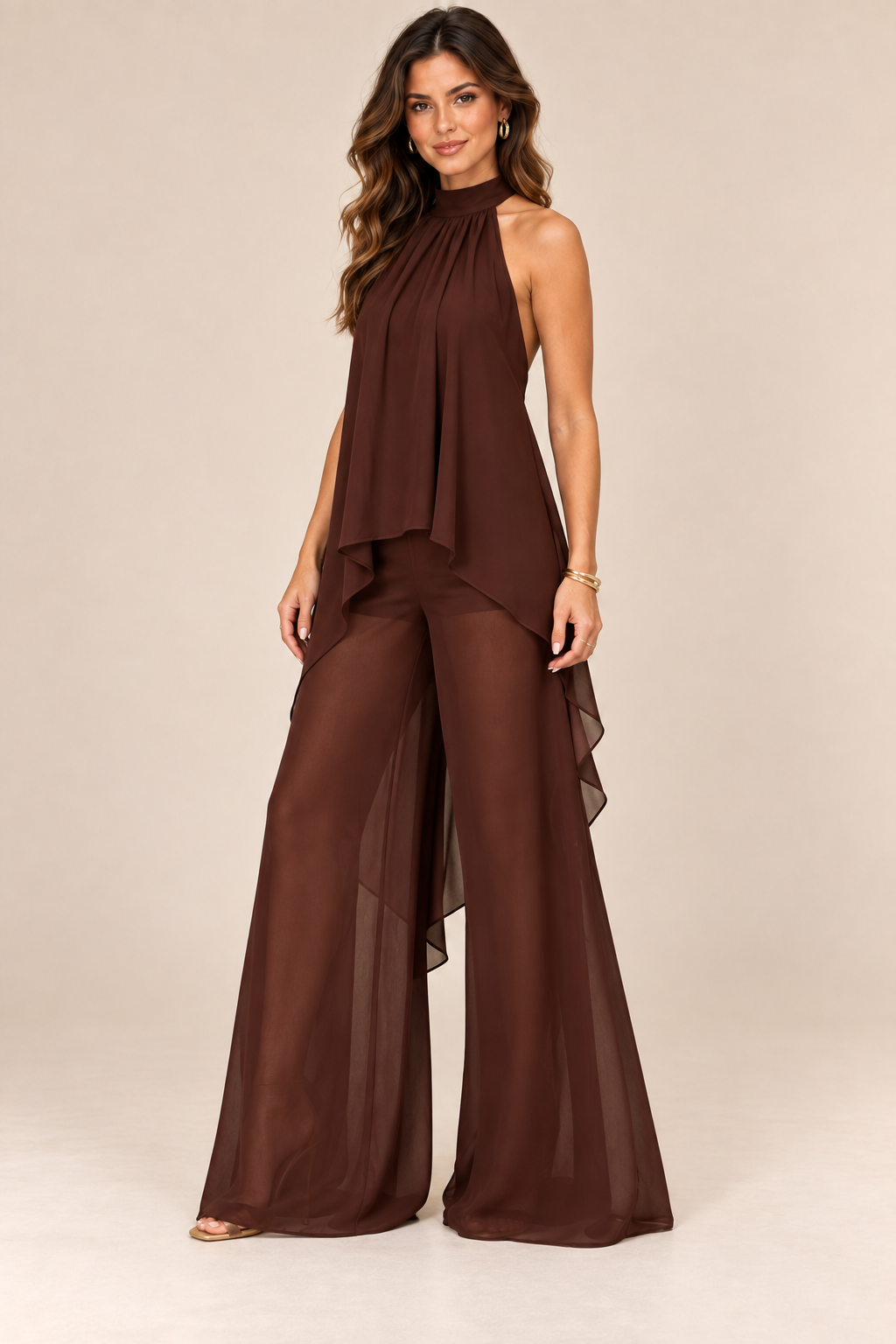 Chocolate flowing halter top and wide-leg pant set, same model alternate pose