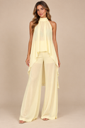 Cream flowing halter top and wide-leg pant set, model front view