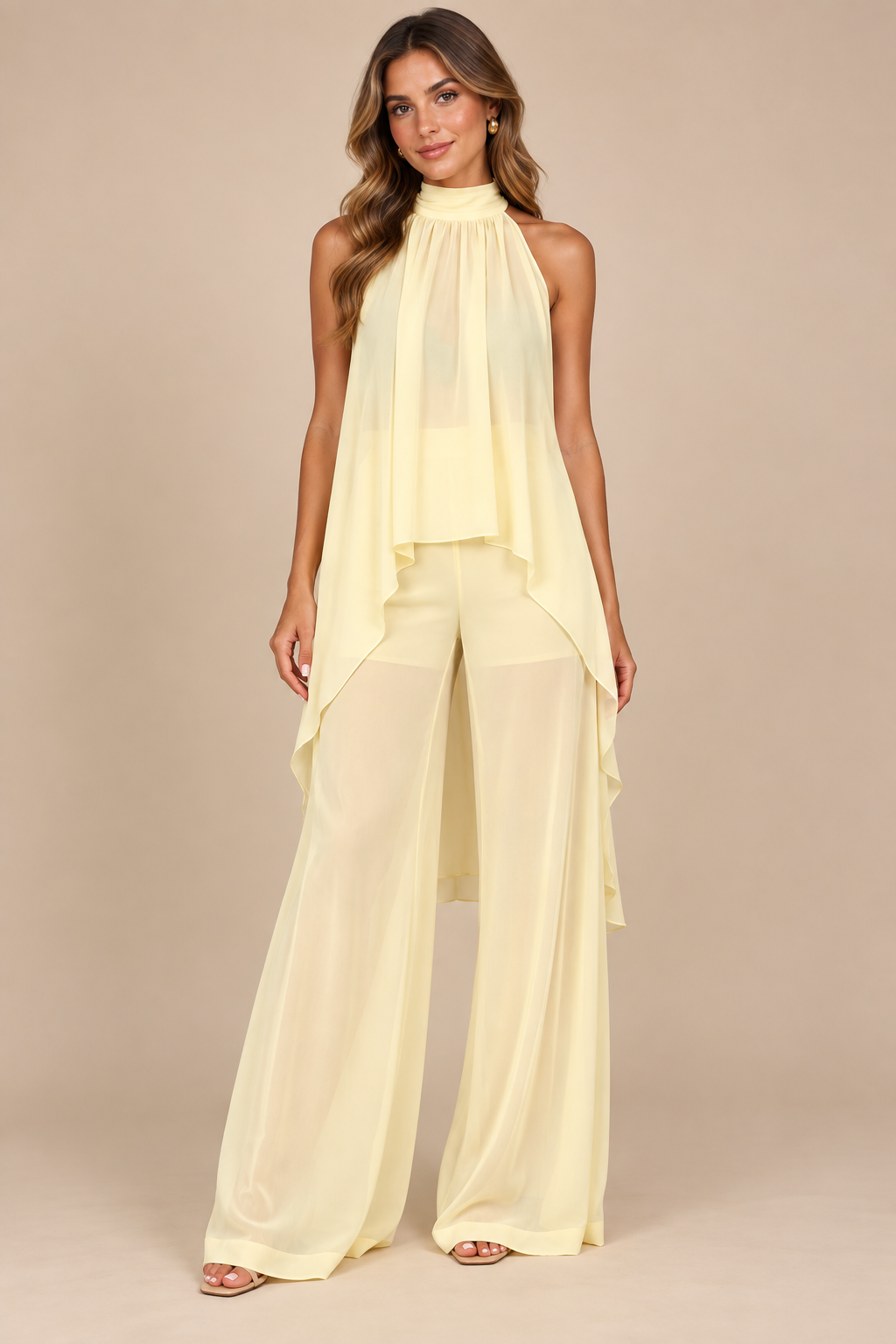 Cream flowing halter top and wide-leg pant set, model front view