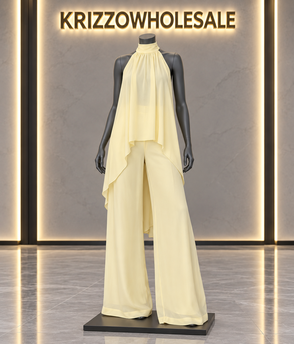 Cream flowing halter top and wide-leg pant set, mannequin in Krizzowholesale showroom