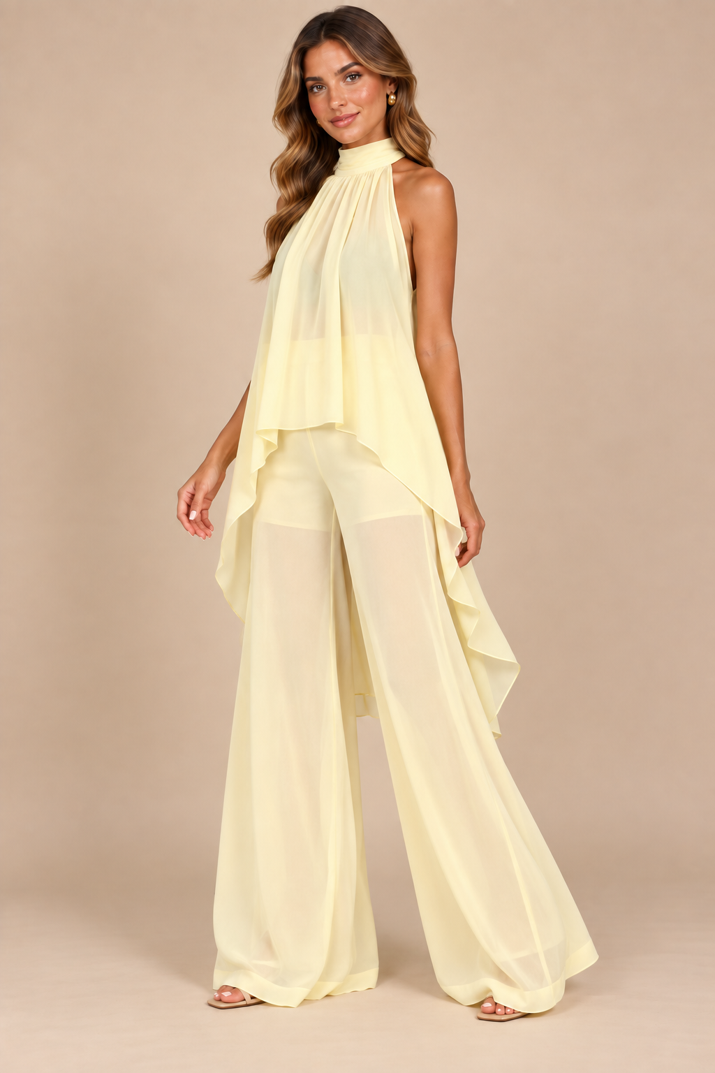 Cream flowing halter top and wide-leg pant set, same model alternate pose