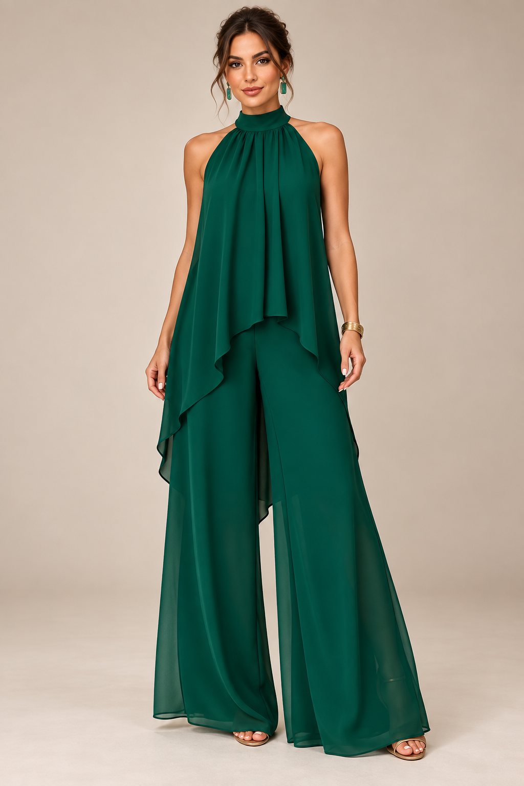 Emerald Green flowing halter top and wide-leg pant set, model front view