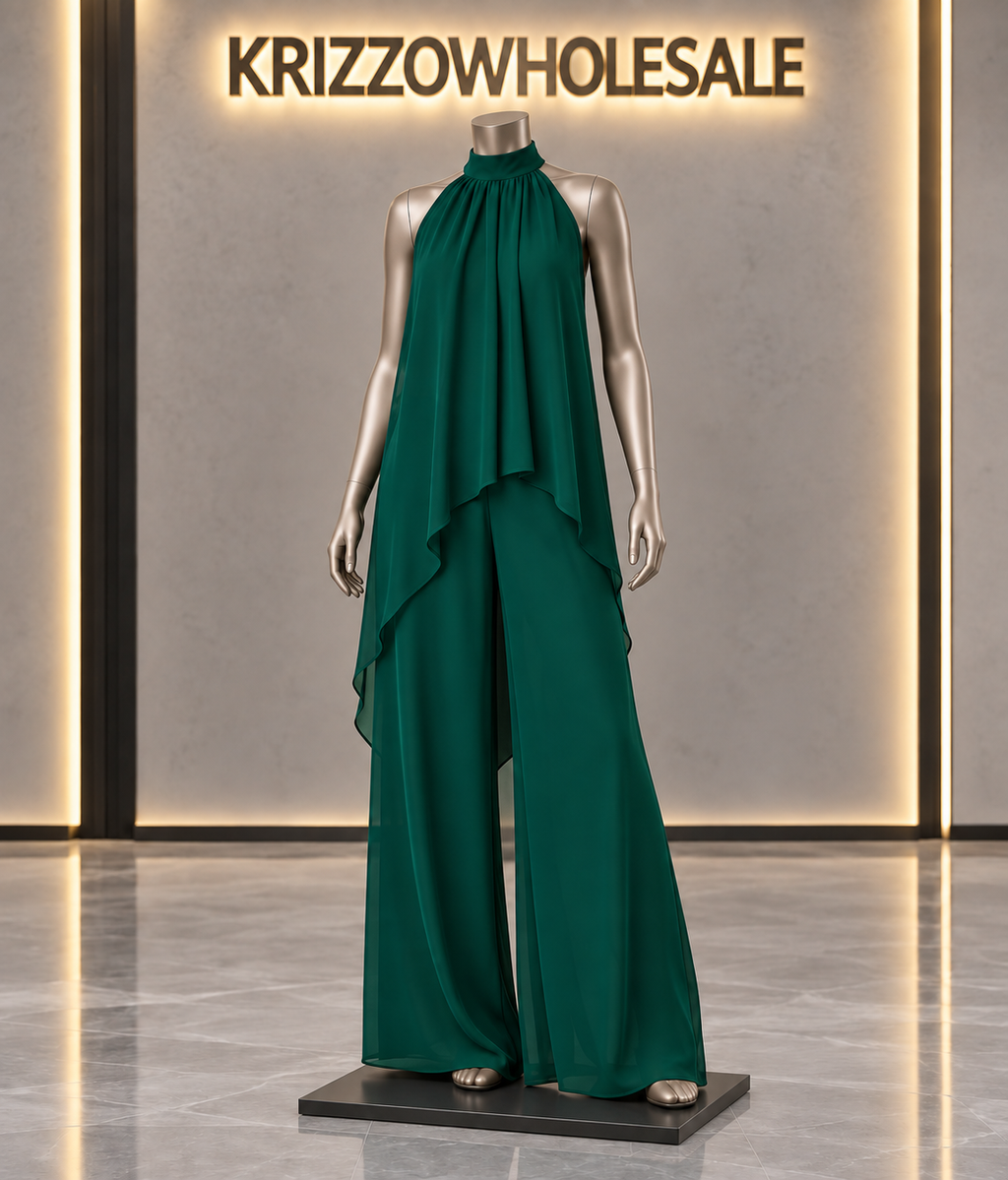 Emerald Green flowing halter top and wide-leg pant set, mannequin in Krizzowholesale showroom