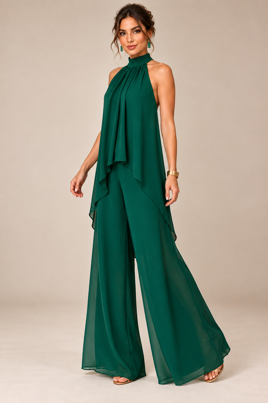 Emerald Green flowing halter top and wide-leg pant set, same model alternate pose