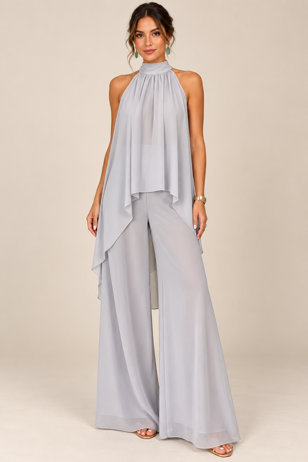 Light Gray flowing halter top and wide-leg pant set, model front view