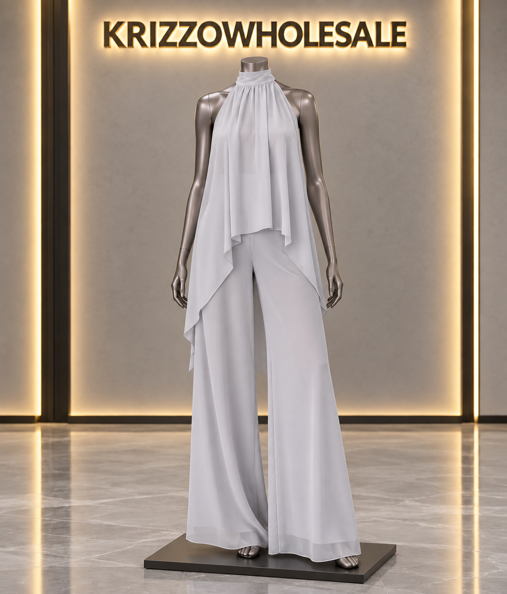Light Gray flowing halter top and wide-leg pant set, mannequin in Krizzowholesale showroom