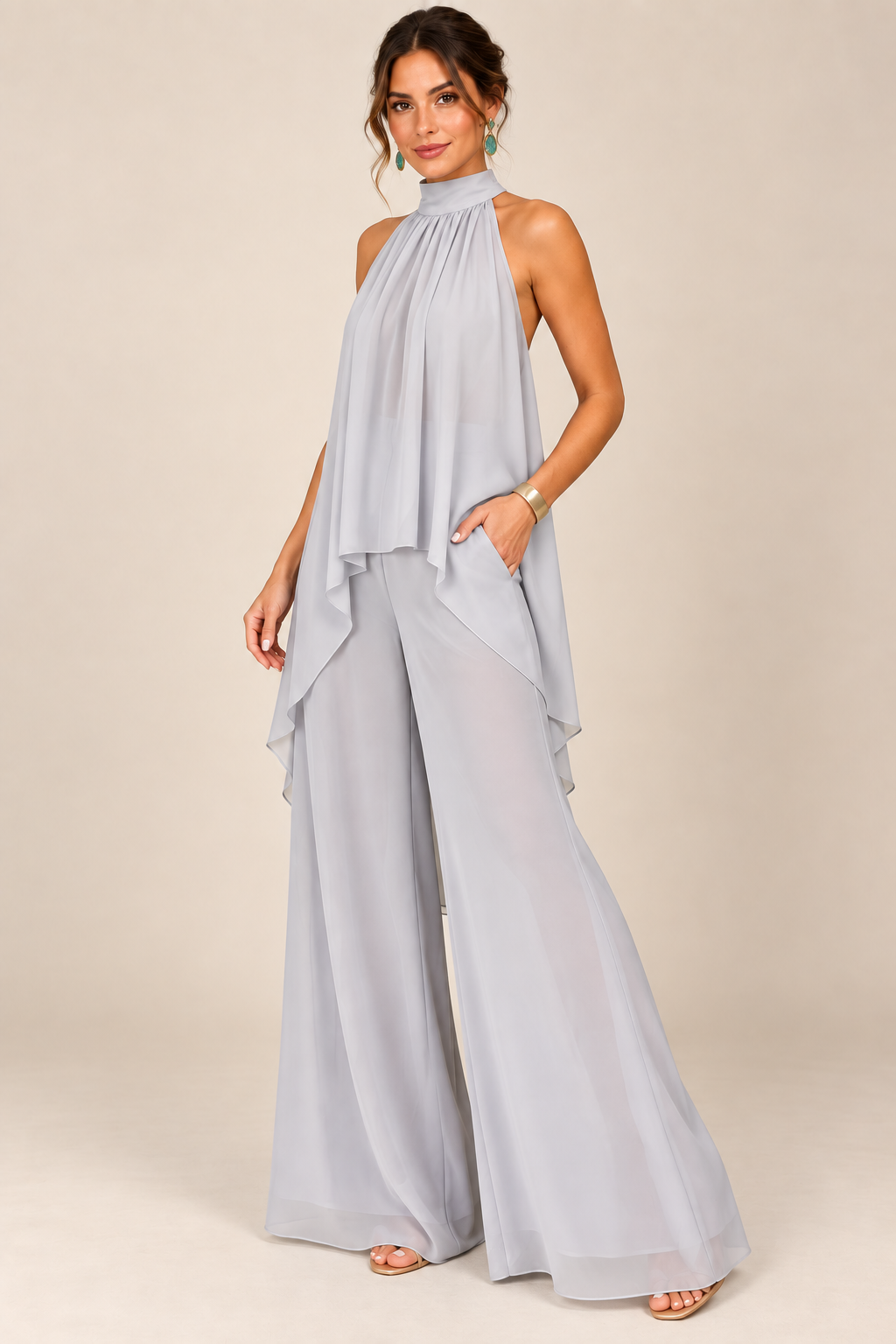Light Gray flowing halter top and wide-leg pant set, same model alternate pose